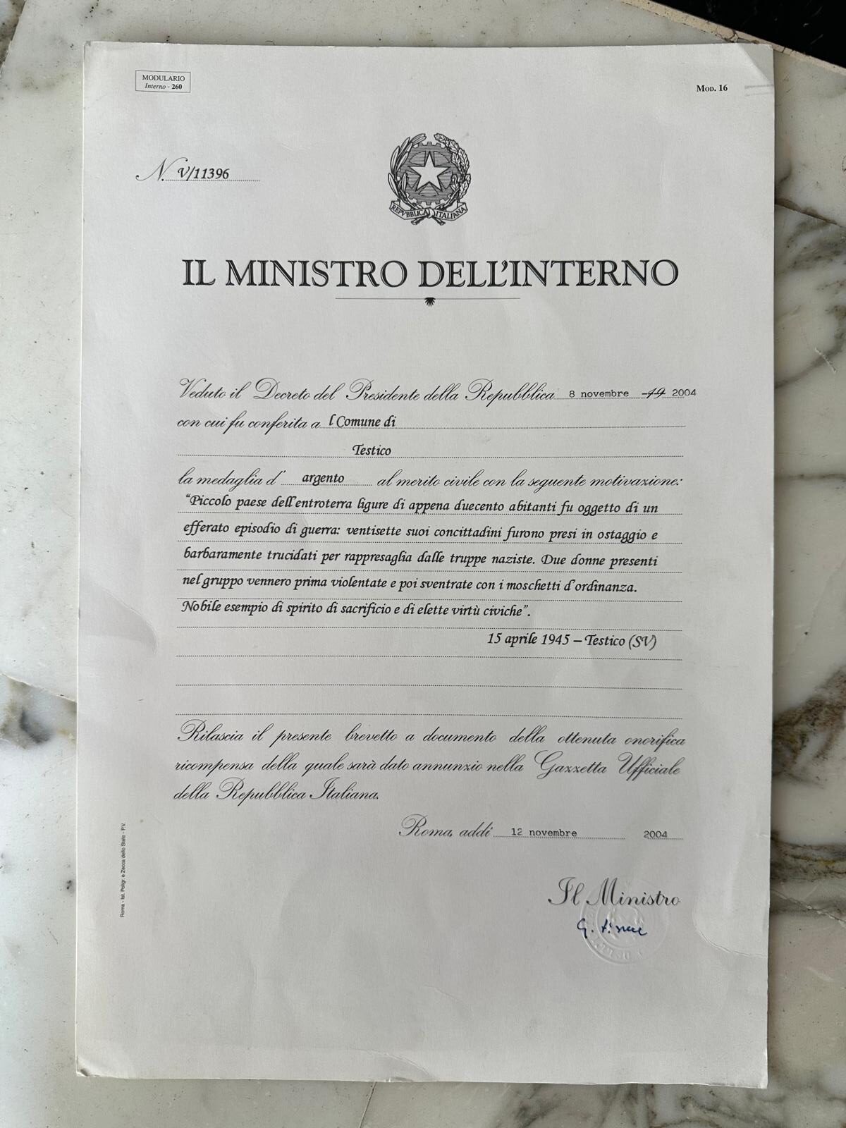 Brevetto Medaglia D'Argento